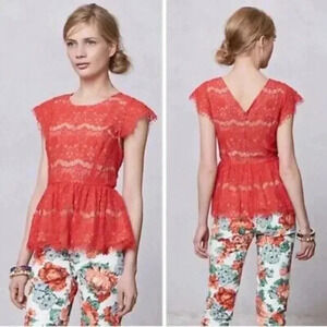 Anthropologie - Maeve Katrine Orange Floral Lace Cal Sleeve  Top